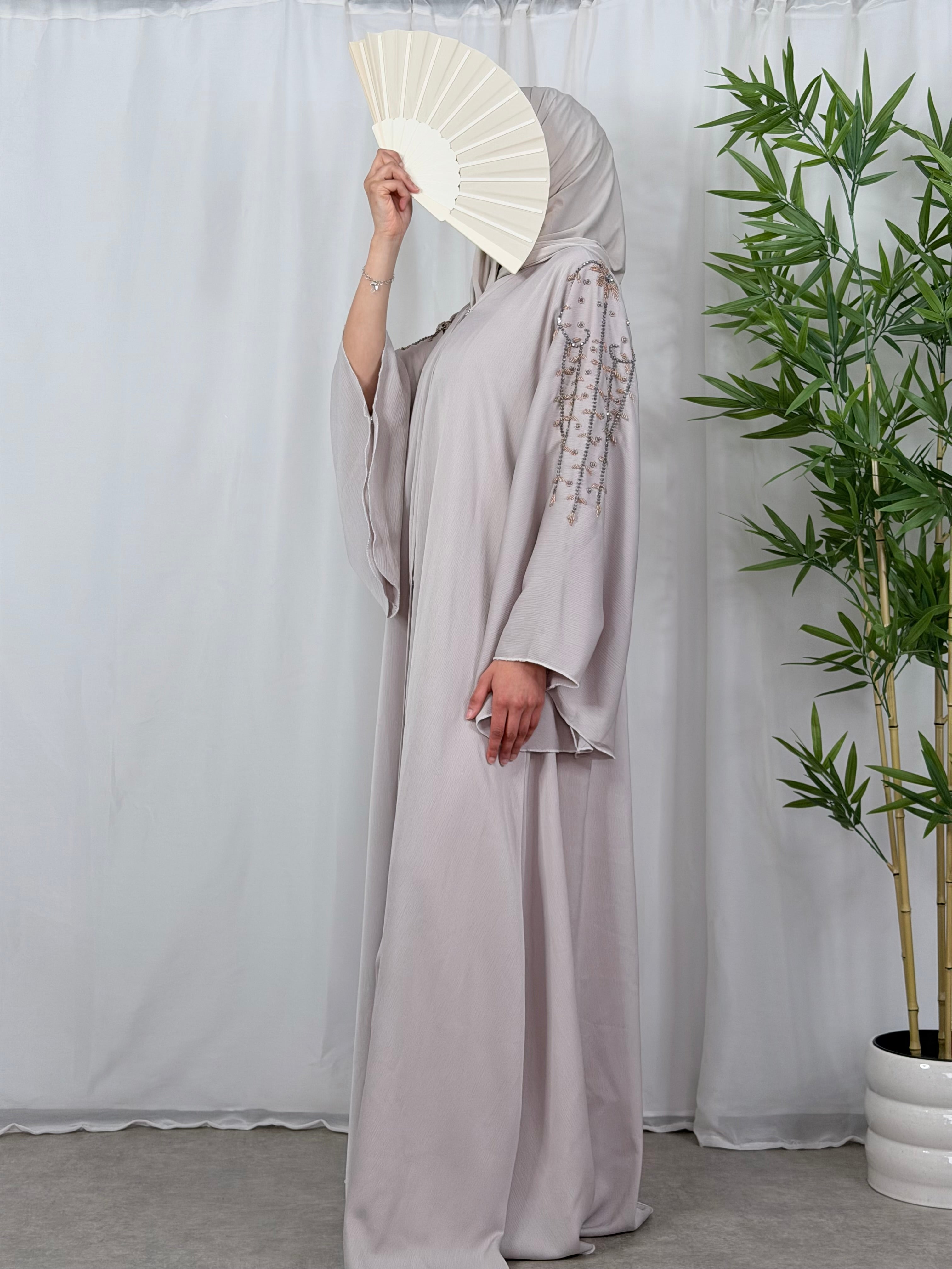 Open Abaya - cremé Steentjes op de Schouders