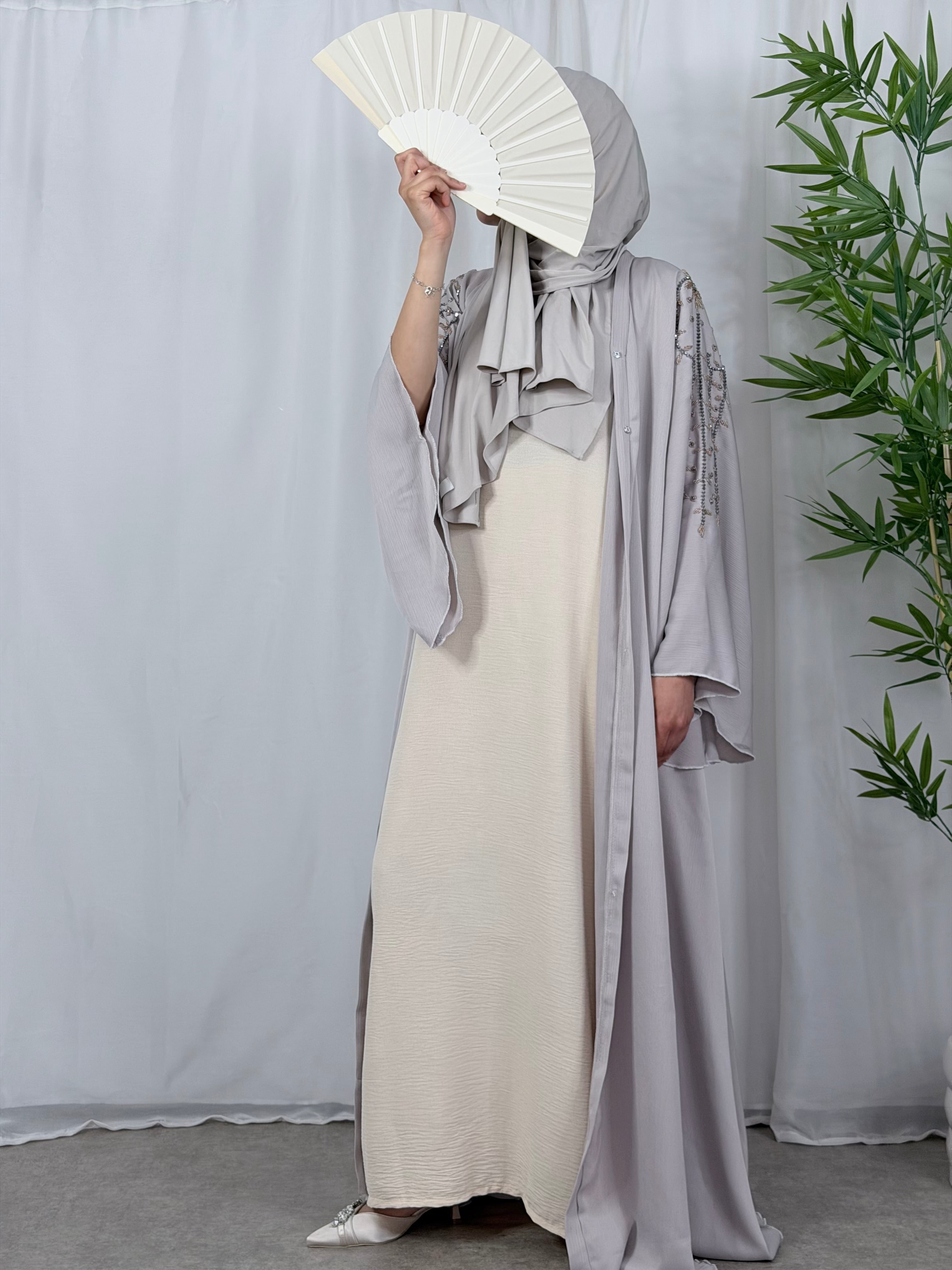 Open Abaya - cremé Steentjes op de Schouders