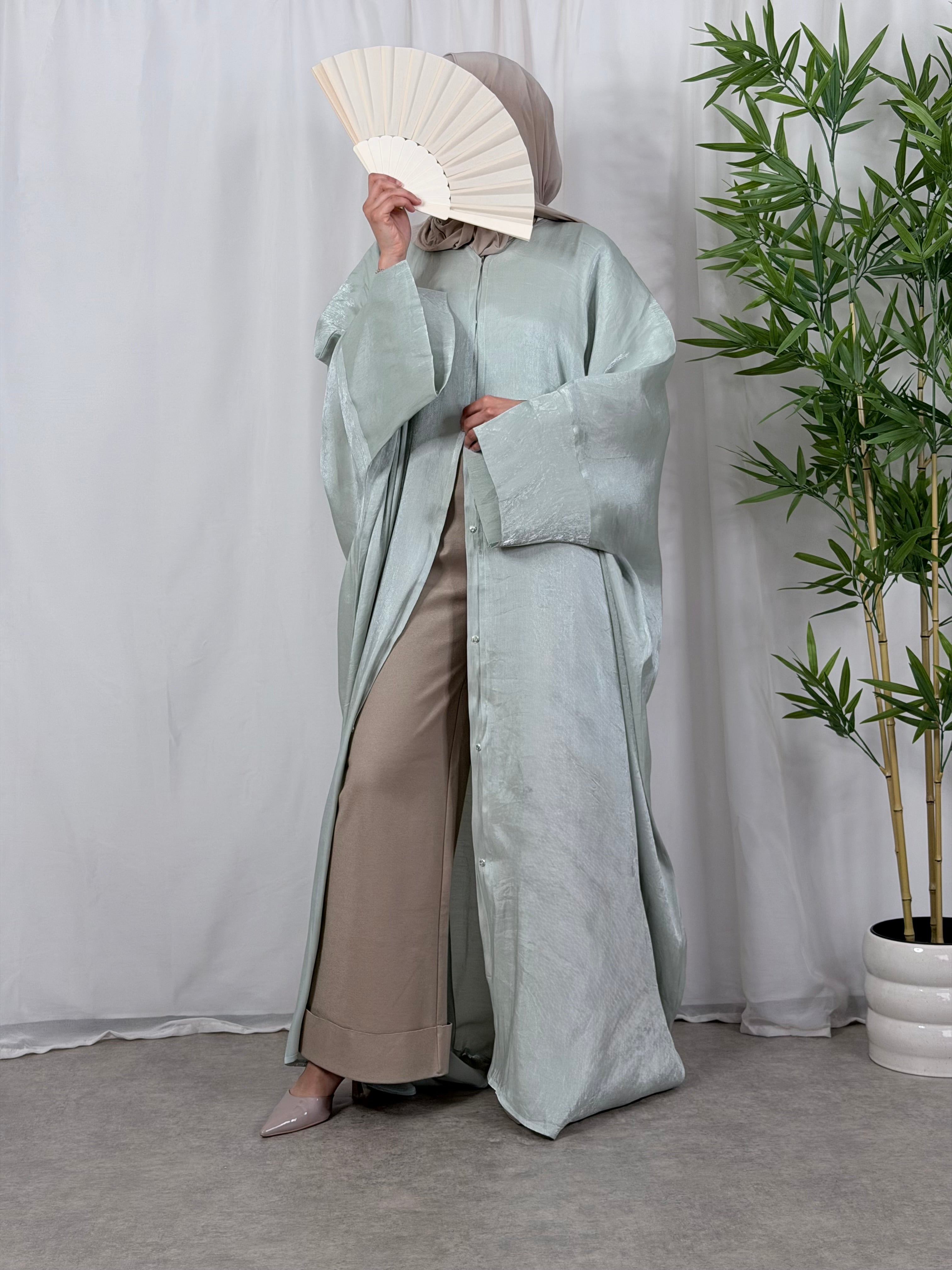 Convertible Farasha Abaya Ice Mint met Open Mouwen en Knopen - 1-Delig